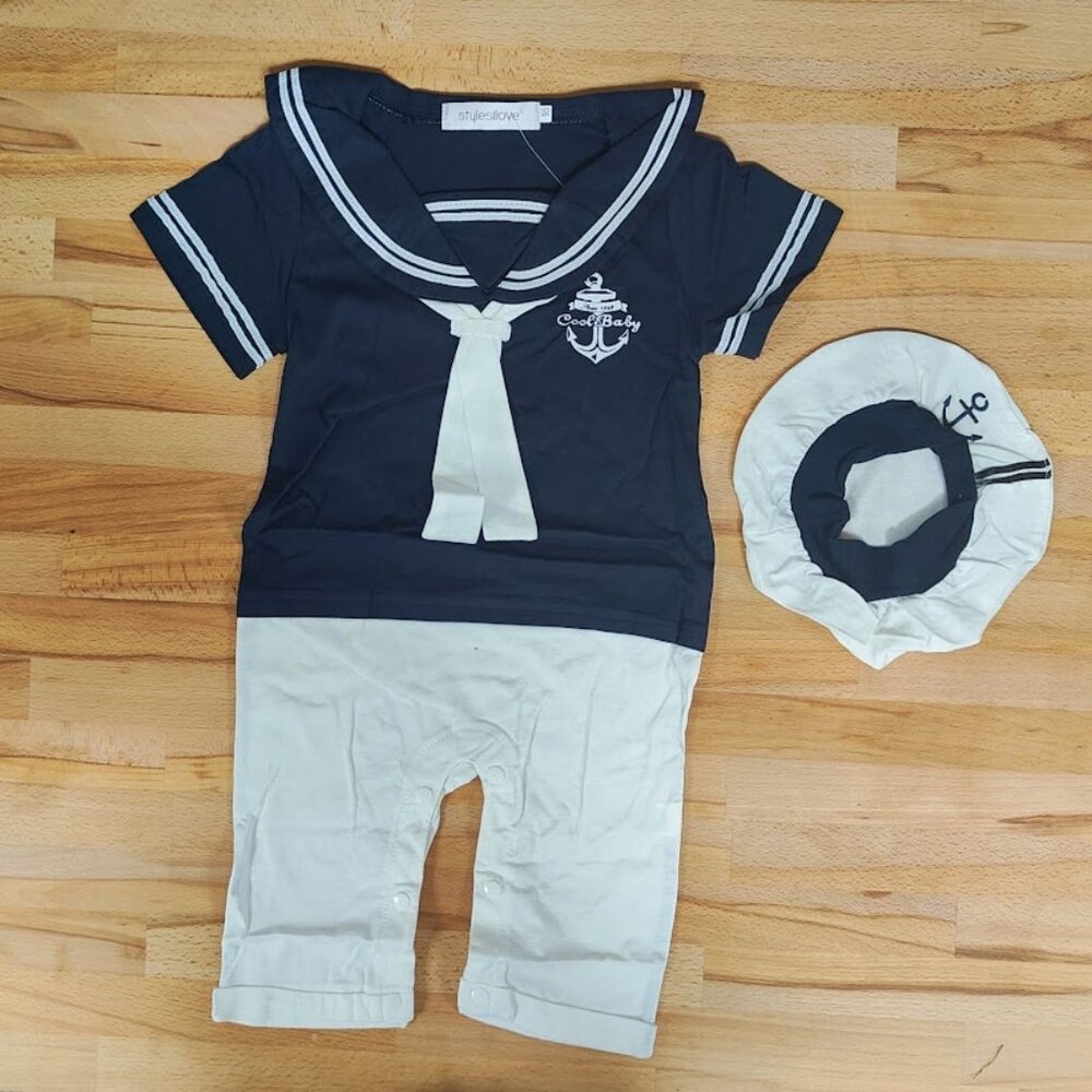 Navy Blue Sailor Baby Romper and Hat - 3 Sizes for Age: 6-24 Months